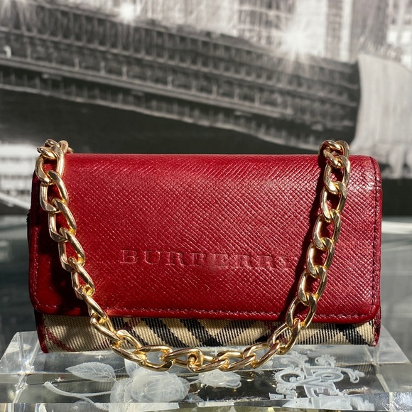 Authentic Rare Burberry Red Leather Nova Check Key Case